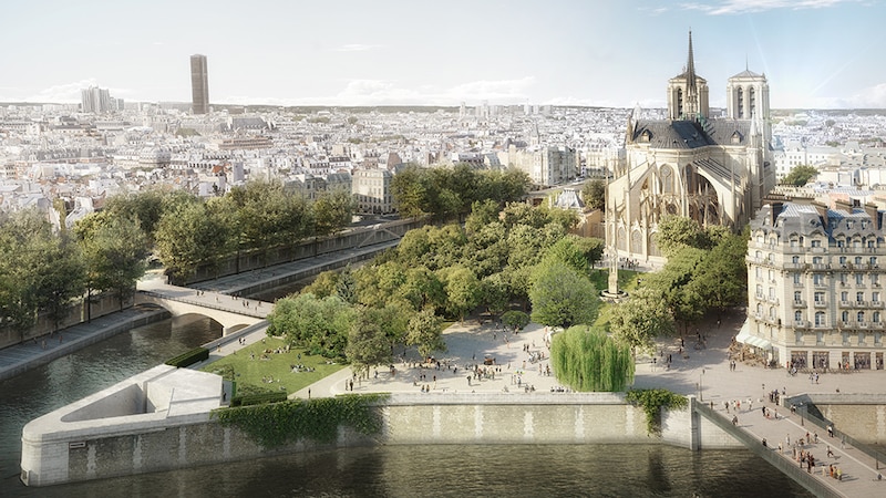 Projet du Bureau Bas Smets pour l'aménagement des abords de la cathédrale Notre-Dame de Paris: vue aérienne de la pointe de l'île