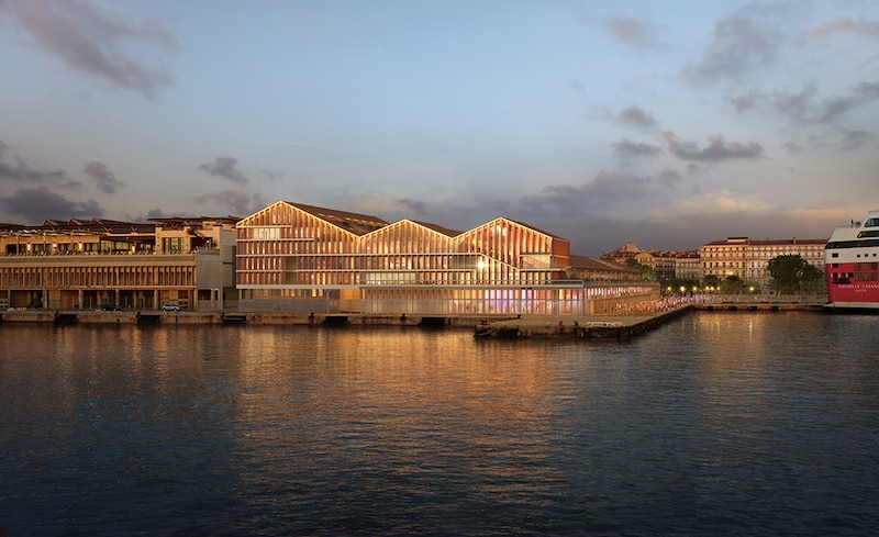 Projet pour le nouveau siège du Port de Marseille Fos - La digue, le soir