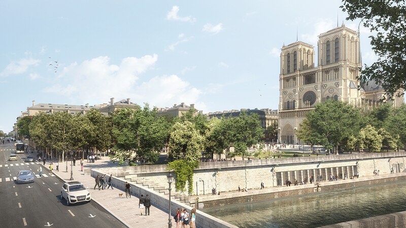 Projet du Bureau Bas Smets pour l'aménagement des abords de la cathédrale Notre-Dame de Paris: vue sur la cathédrale et les quais