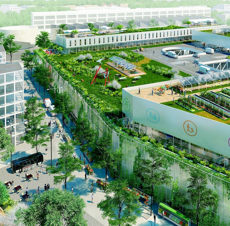 Dans ce projet de pôle logistique vitriot, toute l’enveloppe du bâtiment sera utilisée comme support d’agriculture urbaine.