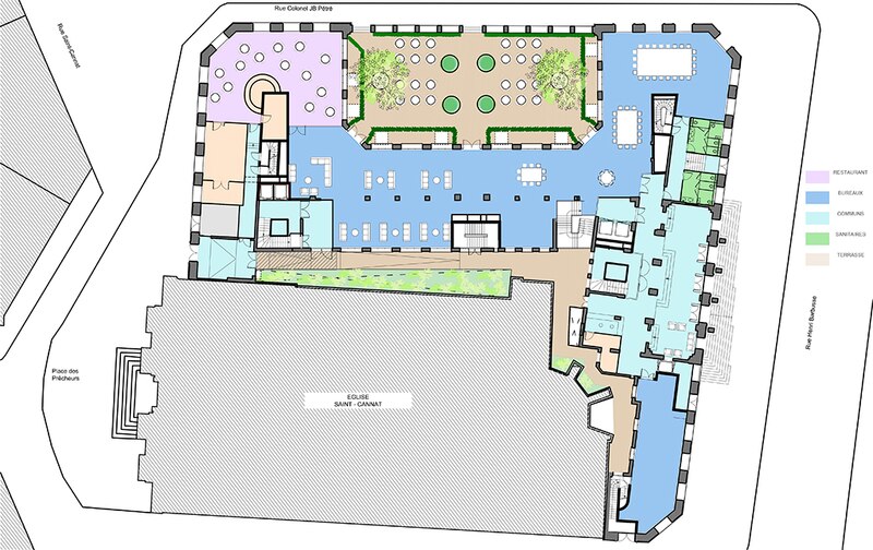 Plan du RdC du projet Grand Central-Nouvel Hôtel de la Poste à Marseille, par Arkadea (Icade Promotion et La Poste immobilier) et Sud Architectes