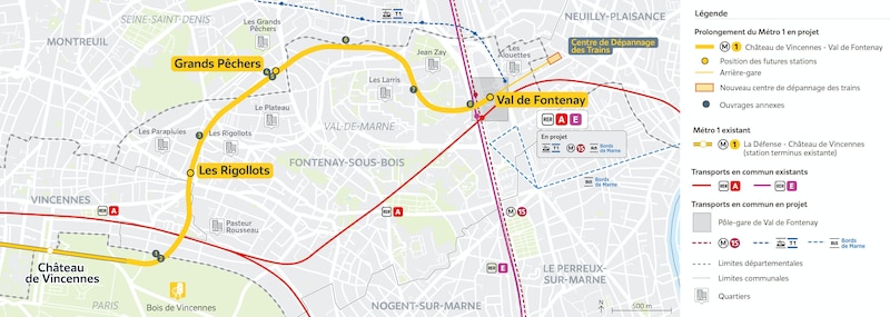 Carte du prolongement de la ligne 1 du métro parisien.