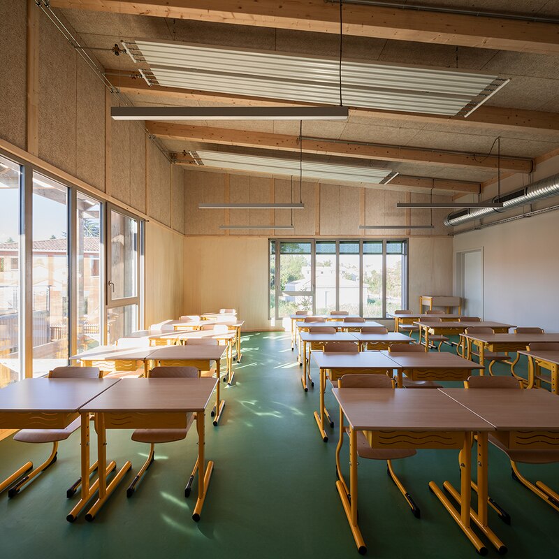 Groupe scolaire Frida-Kahlo de Bruges (Gironde), chaufferie bois et puits climatiques