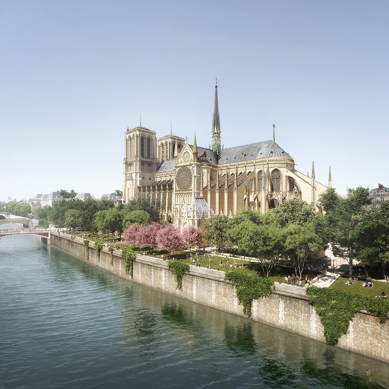 Projet du Bureau Bas Smets pour l'aménagement des abords de la cathédrale Notre-Dame de Paris: vue sur le parc des Berges