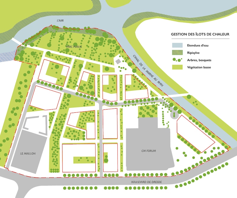 Archipel 2, seconde tranche du quartier d’affaires strasbourgeois (Bas-Rhin) : plan de stratégie "îlot de chaleur"
